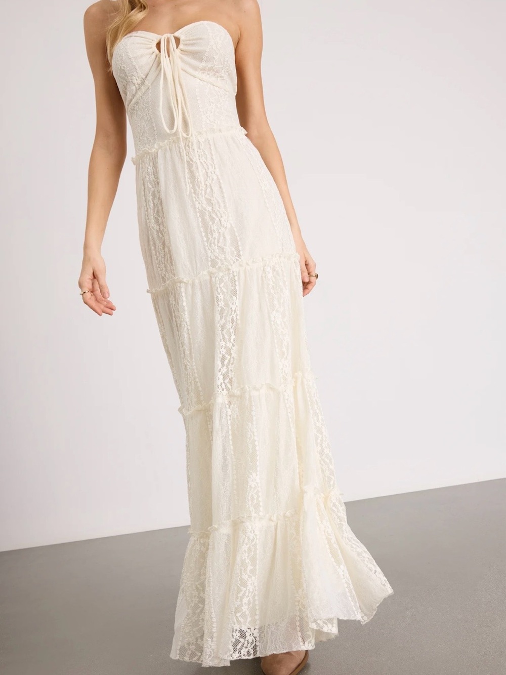 Lulu's Ivory Strapless Lace Tie-Front Maxi Dress